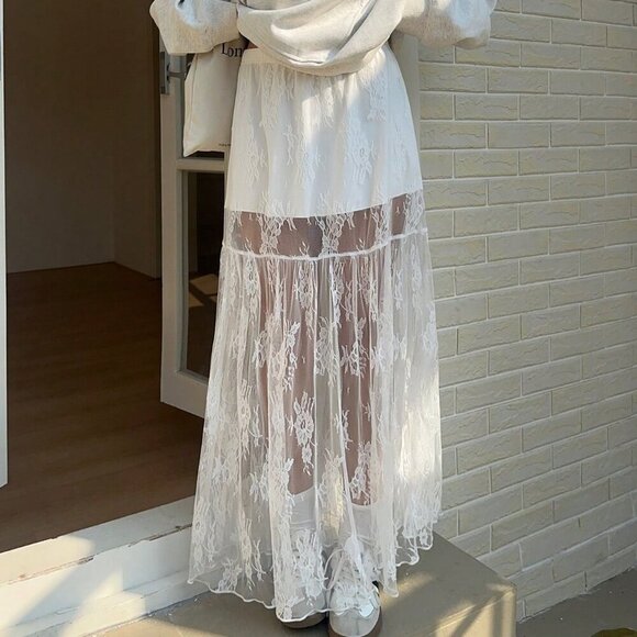 White Elegant Women's Elastic Waist Lace Patchwork Maxi A-Line Skirt - Picture 1 of 7